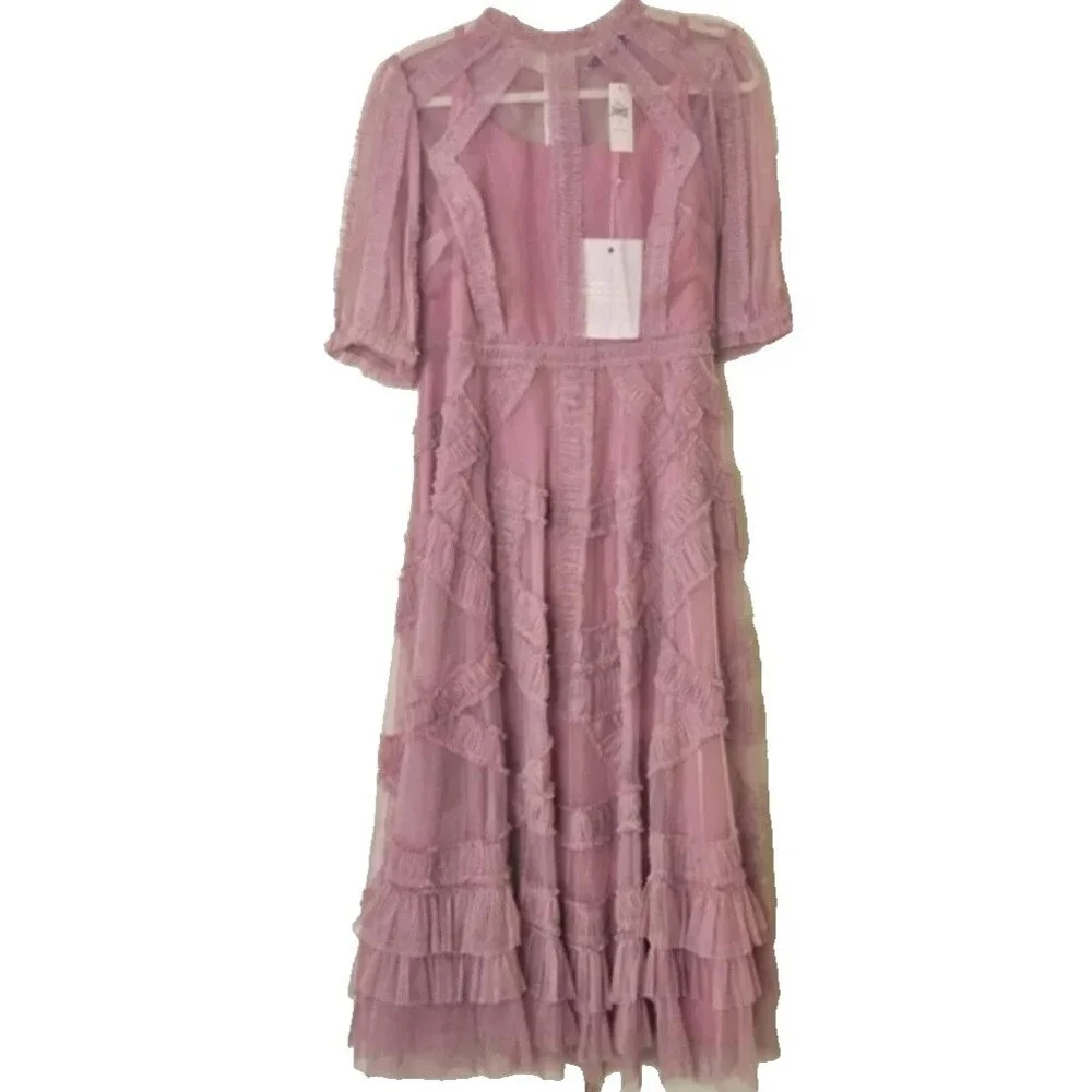 ANTHROPOLOGIE MAC DUGGAL 8058 High Neck Micro Ruffle Tiered Midi Dress Rose 18 - Picture 6 of 7
